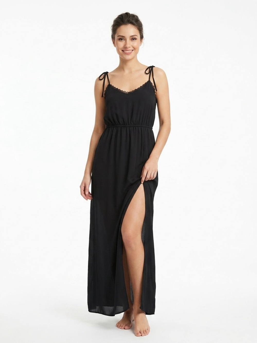 FOREVER 21 Black Lace Trim Maxi Slip Dress Tie Straps High Slit Size S